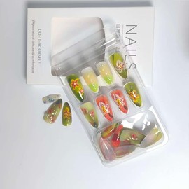 Cute Flower Press on Nails Medium Almond Fake Nails Fall Acrylic Nails Pearl False Nail with Water Ripples Design Retro Floral Glue on Nail Autumn Stick on Nail for Women Manicure Supplies 24Pcs