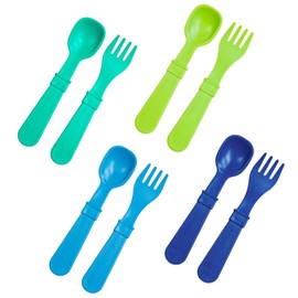 RE-PLAY Made in USA | 8pk Toddler Feeding Utensils Spoon and Fork Set | BPA Free Eco Friendly Recycled Milk Jugs - Virtually Indestructible | Sky Blue, Aqua, Lime Green, Navy | (Under The Sea+)
