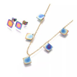 LZD Stainless Steel Set Pendant Necklace Stud Earrings Back Rhombus 16.6" P694