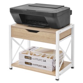 IBUYKE 2 Tier Desktop Printer Stand,Multi-Purpose Desk Organizer,Wooden Printer Stand with Drawer Storage for Folders,Books,for Fax Machine, Scanner,Home Office,Light Wood TLJ012R