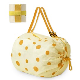BOYSSPAA Japan Creative Portable Tote Shopping Bag Large Foldable Shopping Tote Bag Foldable Reusable Recycled Grocery Bags Washable and Lightweight Fold Up Shopper (YellowPolkaDotEcoBags)