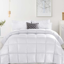 Superior Brushed Microfiber 1 cm Striped Comforter, Down Alternative Bedding, Reversible, Medium Weight, Fluffy, Decorative, Plush Duvet Insert, Oversized Blanket, Box Quilt Design, Full/Queen, White