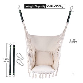 RedSwing Hanging Hammock Chair, Hanging Rope Swing with 2 Cushions, Hardware Kits and Quality Cotton Weave for Superior Comfort and Durability, Max Load 330Lbs,Beige