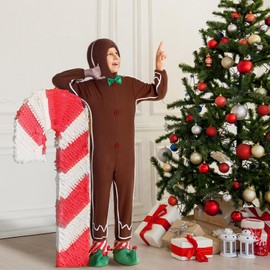 Geyoga Gingerbread Man Costume for Kids Home Clothing Winter Gingerbread Outfit Gingerbread Man Bodysuit Hooded Unisex(Brown,10-12 Years)