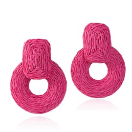 ATIMIGO Hot Pink Handmade Statement Raffia Earrings Cute Boho Rattan Dangle Earrings Lightweight Straw Wrap Summer Drop Dangling Earrings for Women