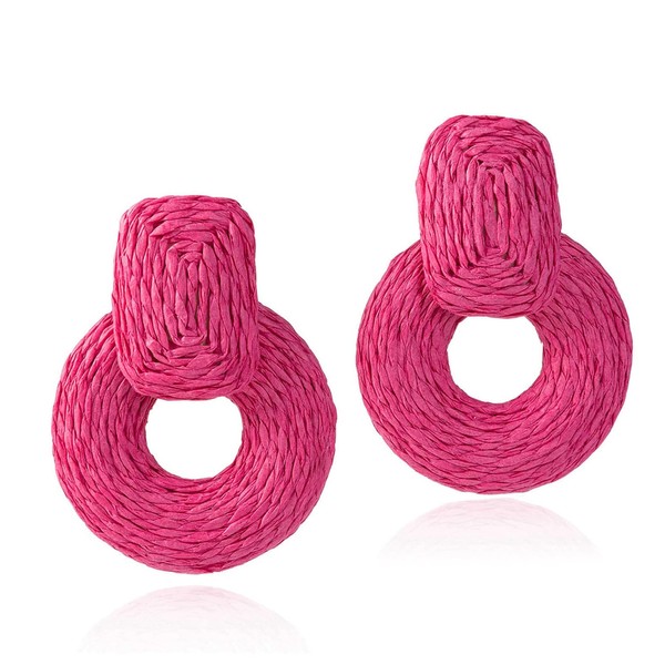 ATIMIGO Hot Pink Handmade Statement Raffia Earrings Cute Boho Rattan