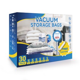 YSSOA 30 Pack Space Saver Bags (5 Jumbo/5 L/5 M/5 S/5 Roll M/5 Roll S) 80% Space Saver Bags with Travelling Pump for Quilts and Blankets Storage