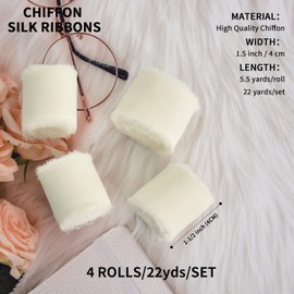 TONIFUL 4 Rollen 3.8 cm weißes cremefarbenes Chiffon-Seidenband, 22 m, handgefertigtes Fransen-Chiffon-Bänder-Set für Hochzeitseinladungen, Brautsträuße, Geschenkverpackungen, 55.9 m, 3.8 cm)