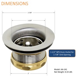 AA Faucet AA-141 1-7/8" Stainless Steel Commercial Compartment Sink Drain Strainer Kit with Removable Strainer Mini-Basket Stopper and Brass Screw Nut