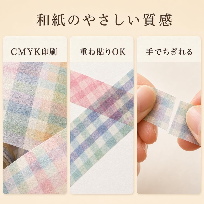 SORVELYN マスキングテープ 12巻セット チェック柄 15mm×3m 和紙テープ 手帳 デコレーション ハサミ不要 CMYK印刷
