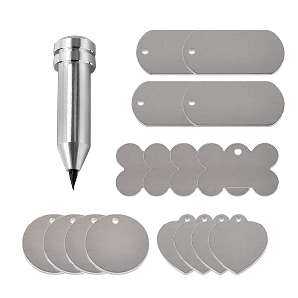 Metal Engraving Tools, Engraving Tip Etching Tool with 16 Pieces Assorted Metal Stamping Blanks Compatible with Explore, Explore Air (Heart, Bone, Round, Strip)