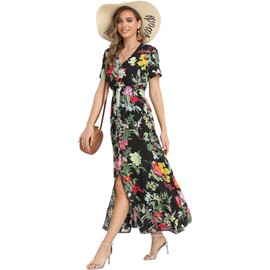 Women's Boho Floral Maxi Dress Summer Button Up Split Flowy Beach Party Dress,Black Green Flower XL