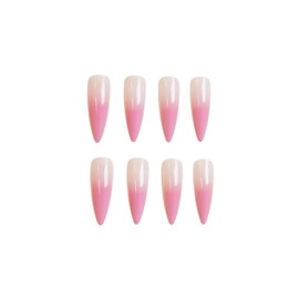SINHOT Stiletto Press on Nails Long Fake Nails Glossy Glue on Nails Pink White Ombre Acrylic Nails Almond Artificial Nails Stick on False Nails with Design 24 pcs