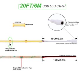 JOYLIT 24V COB Red LED Strip Lights Waterprof 20FT/6M 320LEDs/M Uniform Flexible Tape Light for Cabinets, Shelves, Counters, Patio Decoration (LED Strip Only)