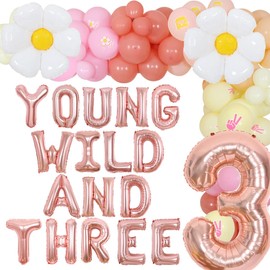 Groovy 3rd Birthday Party Decorations, Young Wild and Three Daisy Flower Balloons Garland Kit, Groovy Retro Boho Girls Third Birthday Party Supplies