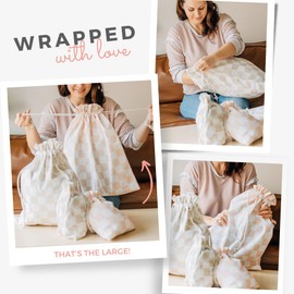 Gather & Knot Drawstring Gift Bags | 20" Large 12" Small | Premium Canvas | Reusable Fabric Wrap for All Occasions, Birthdays, Baby Shower | Checkers Pink