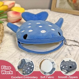 Krinisou Whale Shark Coin Purse, 2 Pcs Kids Plush Coin Pouch, Cute Kawaii Wallet with Zipper Keychain, Small Embroidered Fish Sea Animal Change Purse for Women