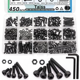 Taiss 450PCS M3 M4 Screw Kit,Hex Socket Head Cap Screws Assortment with Nuts and Washers M3、M4 x 6/8/12/16/20mm,12.9 Grade Alloy Steel Black Small Metric Screws,M3 M4 Bolts for 3D Printing
