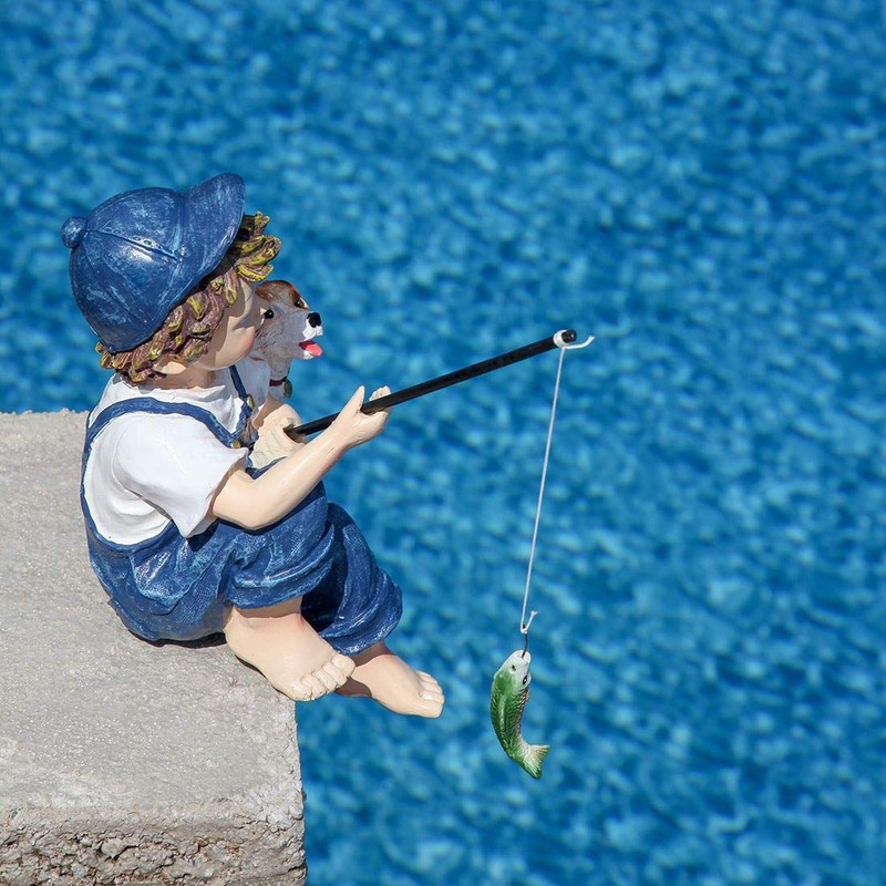 Lily's Home 10-Inch Fishing Boy and Dog Statue - Resin
