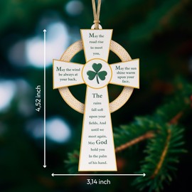 Celtic Cross Ornament with Irish Blessing, St. Patrick's Day Shamrock Pendant, Hanging Trefoil Decoration for Keyring, Tree, Home, and Irish Festival Decor, Car Mirror Hanging Accessories
