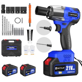 AUTOFU Brushless Impact Wrench 1/2 Inch Chuck, Max Torque 450N.m Cordless Impact Wrench 330 ft-lbs, 4 Sockets, 12 Drill Accessories, Impact Gun for Car Tiers (2x 3000mAh Battery) - Blue