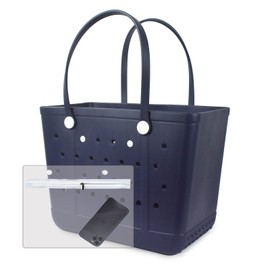 Addoklm Large Open Rubber Tote Bag with phone holder, Washable Beach Bags Waterproof Sandproof, Portable Outdoor Tote (L-deep Blue)