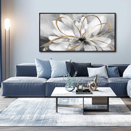 Kureful White Flowers Artwork Gold Line Canvas Art Grey Pictures Wall Painting for Living Room 24"x 48" Prints for Wall Decor Neutral Wall Art for Bedroom