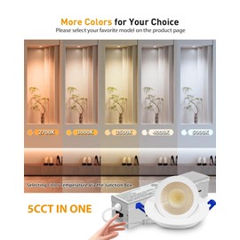 Adetu 2 Inch 5CCT Gimbal Led Recessed Lighting with Junction Box, 360°+90° Adjustable Recessed Can Lights, 2700K/3000K/3500K/4000K/5000K Selectable, 5W Eqv 50W, 550LM Brightness - ETL (White,6 Pack)