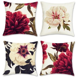 Bonhause Peony Flower Throw Pillow Covers 16 x 16 Inch Red and White Floral Decorative Pillow Cases Polyester Linen Cushion Covers for Sofa Couch Bedroom Home Decor Set of 4