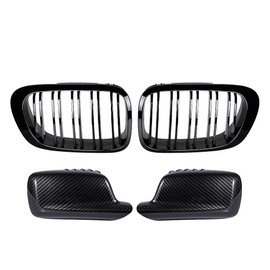 Replacement For 1999 2000 2001 2002 3-Series E46 Coupe Cabrio 2 Door Pre-Facelift Set of Front Grille + Side Mirror Cover Cap (Glossy Black Dual Slat + Carbon Fiber)