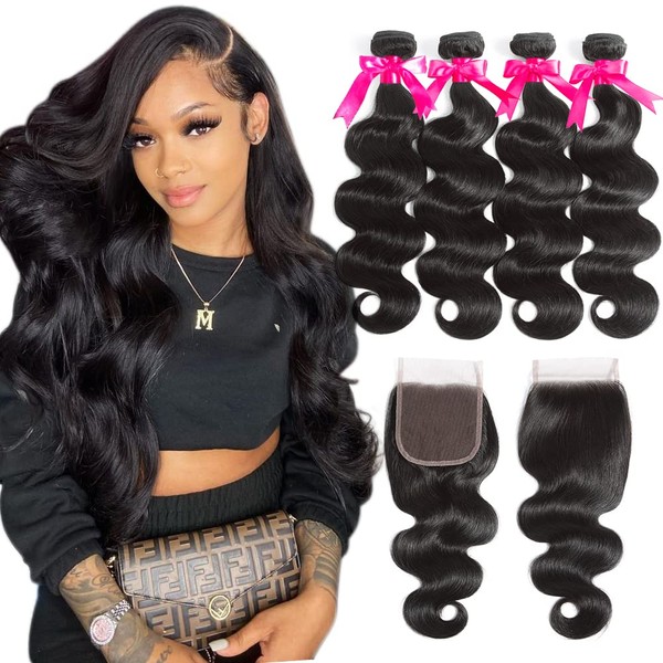Flady 10A Brazilian Body Wave Bundles with Closure Unprocessed Virgin Human Hair 4 Bundles with Closure (18 18 20 20+16inch)