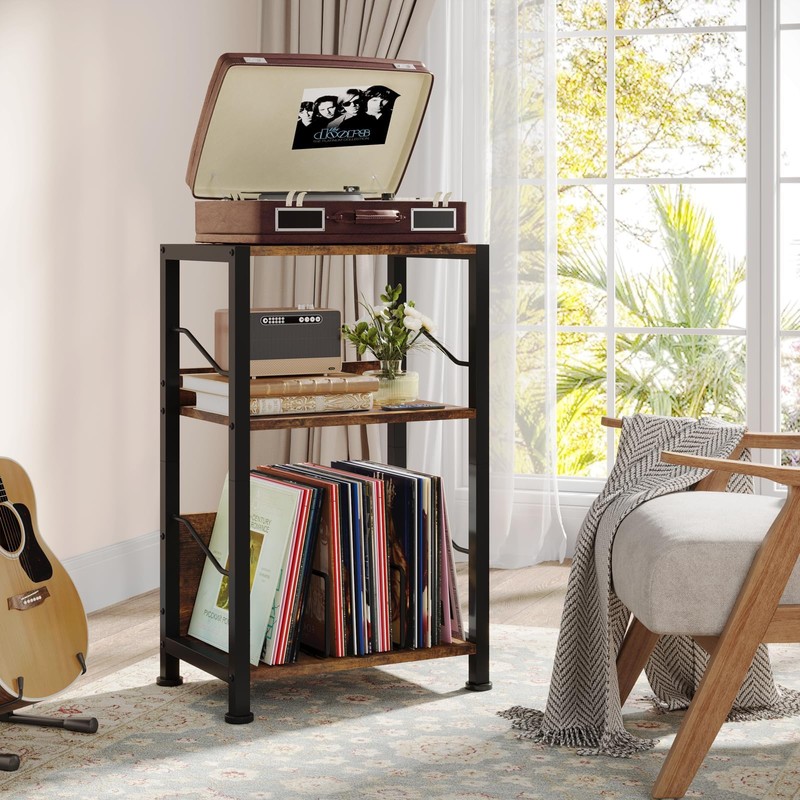 Hosfais 3 Tier Record Player Stand, Retro Vinyl Storage End