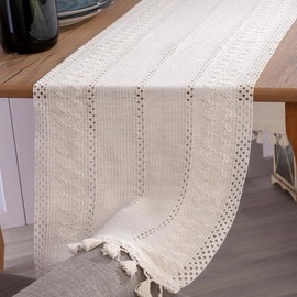 Cream Table Runner for 6 Foot Rectangle Tables, 14 x 60 Inches Long Macrame Runner - Cotton Kitchen Table Runners Farmhouse Style, Handmade Dining Room Table Dresser Runner with Tassels
