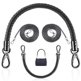 ADNEWX Pack of 4 Leather Bag Handles 40 cm with Chain Bag 120 cm Black for Round Braided Bag Handle Shoulder Strap Handbag Replacement Handle with Carabiner Hook