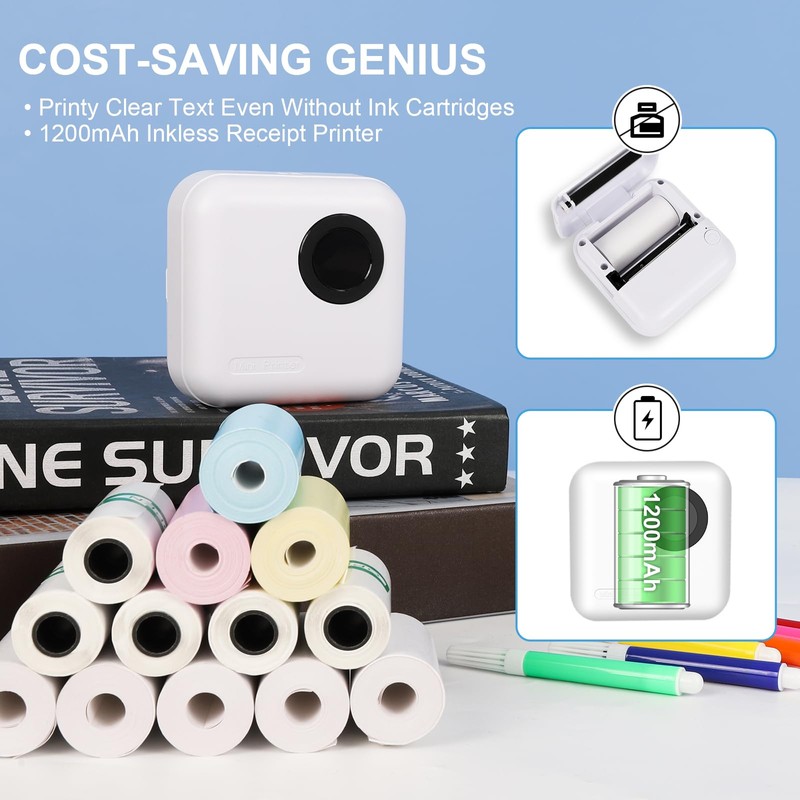 GuKKK Mini Printer, Mobile Photo Printer, Portable Mini Photo Printer,