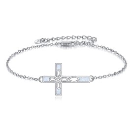 AOBOCO White Opal Celtic Cross Bracelet Sterling Silver Irish Knot Infinity Cross Adjustable Link Bracelet Christian Religious Faith Jewelry Gift for Women, 6.5 Inches to 8.5 Inches