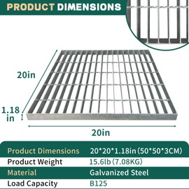 20x20 Galvanized Steel Drain Grate, B125 Class Sewer Grate, Weather-Resistant Outdoor Drain Cover, Heavy Duty Channel Grate, Silver Square Drainage Grate (19.6inX19.6in 50cmX50cm)