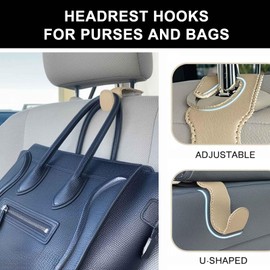 EldHus Car Seat Hooks for Purses and Bags, 2 Pack Car Purse Holder for Grocery Bag Handbag Clothes, Metal Headrest Hooks Covered by Leather, Beige