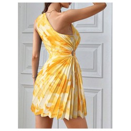 MakeMeChic Women's Summer Dress 2025 Tie Dye One Shoulder Mini Dress Pleated Cut Out Wedding Guest Dresses Yellow Small