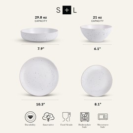 Stone Lain Lauren Stoneware, Rustic Plates and Bowls Set, Dinnerware, Service for 4, Speckled Off White, Dishwasher & Microwave Safe, 16-Piece