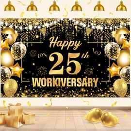 25 Year Work Anniversary Decorations Happy 25th Workiversary Banner Black Gold Happy 25th Work Anniversary Backdrop Employee Appreciation Banner Decorations 25 Year Workiversary Gifts for Employee
