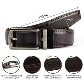 DiULi Men's Coffee Leather Belt with Laser Automatic Buckle Adjustable Belt, Leather Ratchet Belt, Suitable for Formal Wear, Casual Pants, Jeans, Suitable for All Occasions