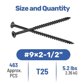WELLOCKS Deck Screws 2-1/2", Wood Screws #9×2-1/2", Black 463 PCS, Superior Rust Resistant, Epoxy Coated, Above 1000 Hour Salt Spray Coating T25 Torx Star Bit Included for Outdoor Wood Fence