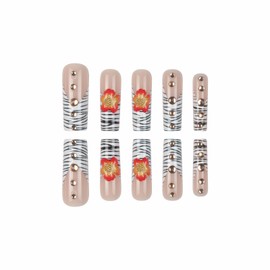 MISUD Press on Nails - Long Square Glue on Nails with Zebra Print, Acrylic French Tip Flower Design 24 pcs
