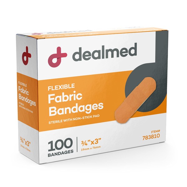 Dealmed Fabric Flexible Adhesive Bandages – 100 Count (1 Pack) Bandages with Non-Stick Pad, Latex Free, Wound Care for First Aid Kit, 3" x 3/4"