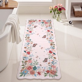 Uphome Floral Bathroom Rugs Runner, Soft Velvet Pink Bath Mat, Non Slip Washable Long Bath Rugs, Absorbent Botanical Flower Bathroom Runner for Bathtub Sink Shower, 18x47 inch