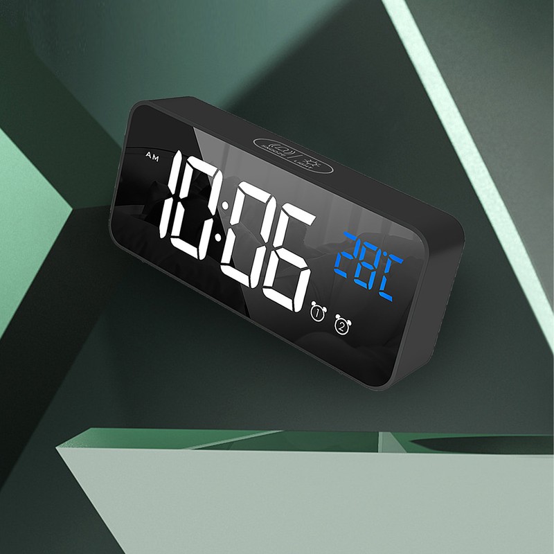LED Alarm Electric Clock Multifunctional Exquisite Mirrored Surface Silent Bedside