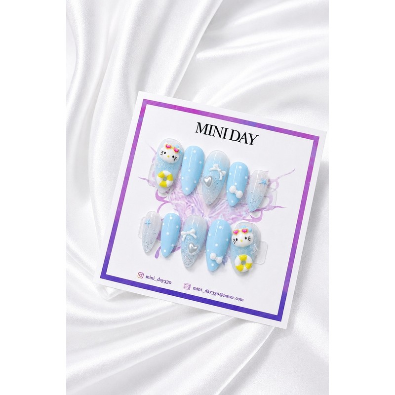 Summer Holiday Kitty Handmade Nail Tips - Long Ballerina /