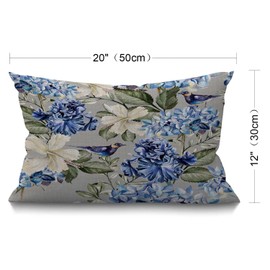 BGBDEIA Floral Cushion Cover 12x20 Inch Spring Plant Flowers Hydrangea Hibiscus Iris Bird Leaf Rectangle Pillow Cases Home Decorative Cotton Linen Throw Pillow Cover for Bed Sofa Blue Green 30x50 cm