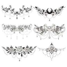 6 Sheets Breast Tattoo Women Fake Tattoos Anlers Tattoo Body Tattoo Sticker for Women Black Temporre Tattoo Sticker, Belly, Chest, Waist and Back Reversible False Tattoos for Girls